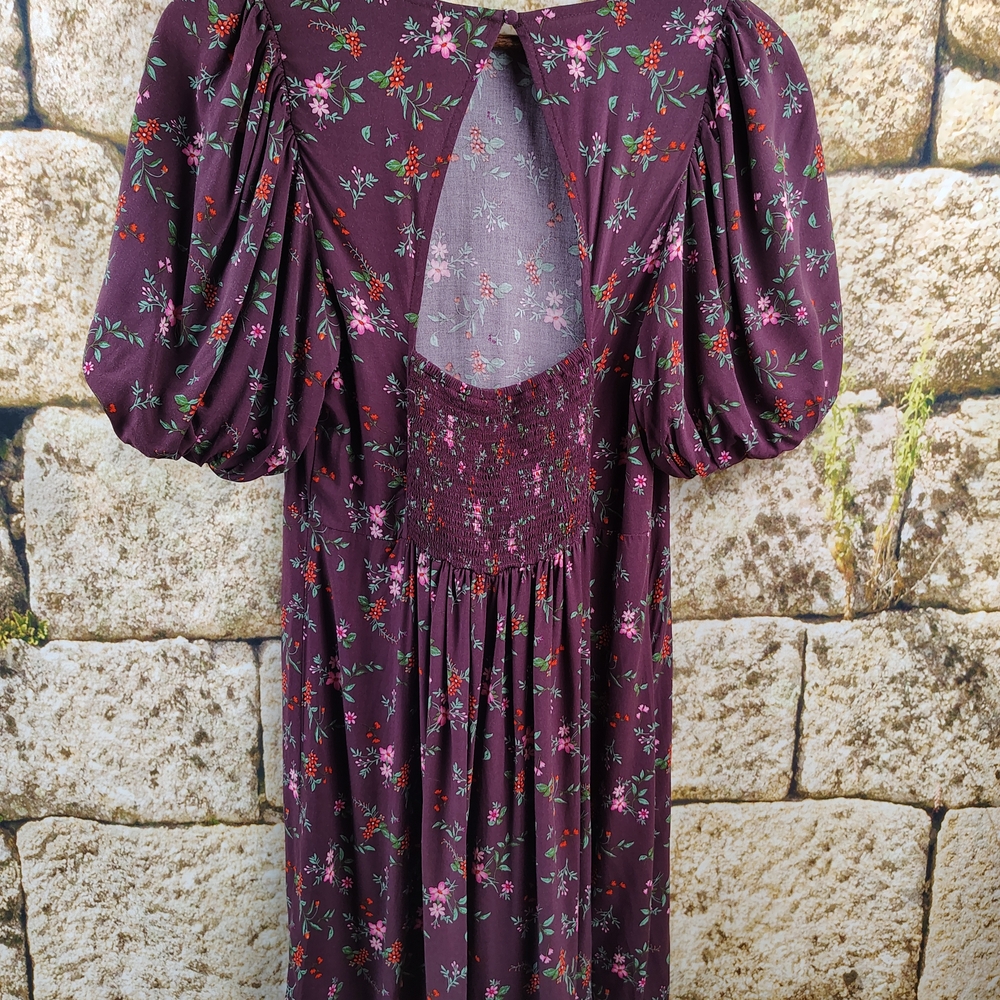 Old Navy Purple Floral Dress Puff Sleeve Open Back Size Medium - Picture 14 of 14
